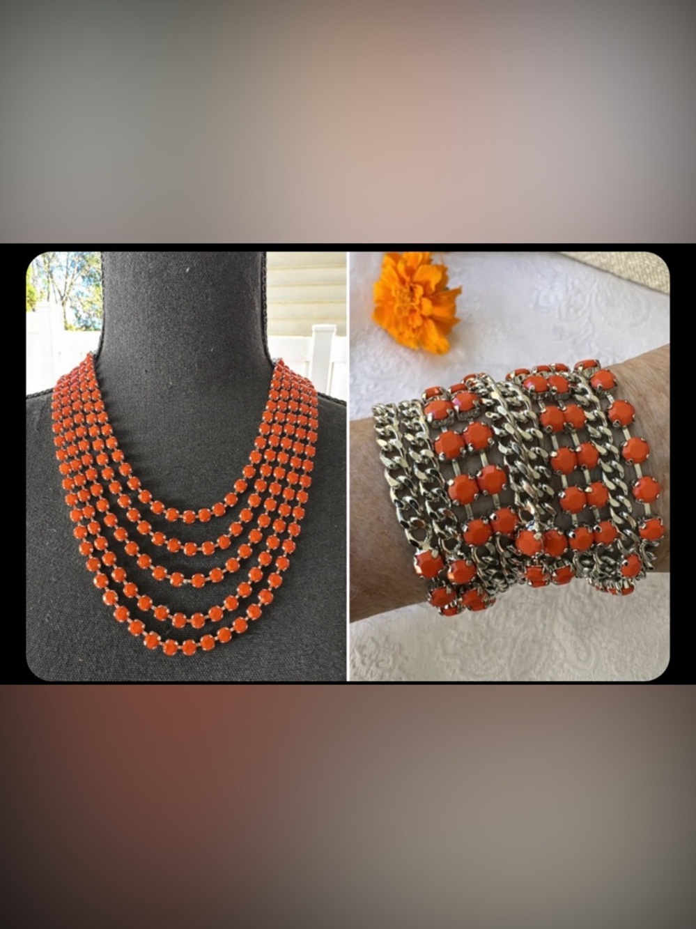 Cara New York Orange Red Gold Chain Statement Necklace & Bracelet Set NEW